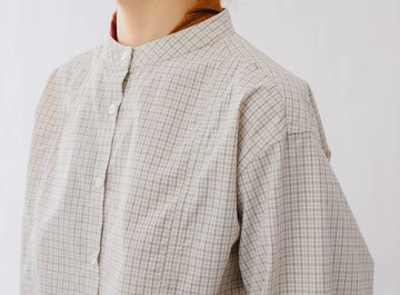 法式復古 紳士少女 立領寬鬆高支高密色織格紋棉質襯衫