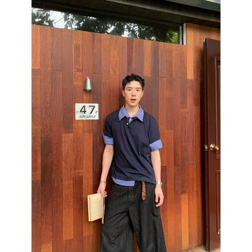 R1DGE美式設計感格子拼接短袖POLO衫男女夏季寬松休閑潮牌打底衫