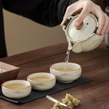 汝窯旅行茶具套裝一壺三杯手抓壺蓋碗戶外便攜式泡茶專用快客杯