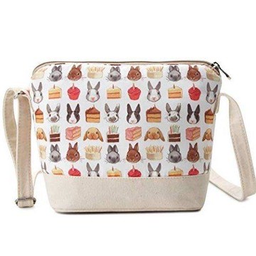 Love 21 2019女時尚兔子蛋糕圖騰米色帆布斜挎包