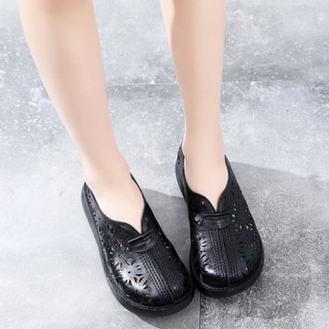 876厚底洞洞涼鞋民族風真皮包頭鏤空涼鞋媽媽鞋春夏新松糕坡跟