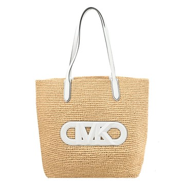 MICHAEL KORS ELIZA 質感浮雕LOGO肩背編織草編包.白邊