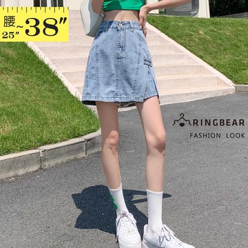 酷女孩高腰顯瘦休閒多層次拼接A字牛仔褲裙(藍M-5L) 眼圈熊 中大尺碼 R299