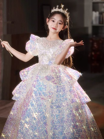 高端兒童禮服女童生日主持人公主鋼琴走秀鋼琴演奏演出服亮片春夏