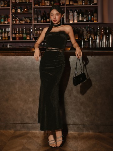 藏不住的高級感；浪漫毛毛BraTop拼紗絲絨抓皺洋裝 S-L