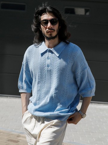 Cable collar short-sleeved knit blue