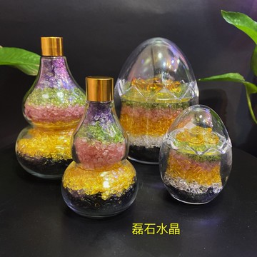天然五色五彩水晶碎石五行葫蘆招財擺件水晶葫蘆擺件葫蘆碎石原石