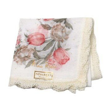 NINA RICCI 白底紅鬱金香蕾絲滾邊字母LOGO帕巾(45CM)