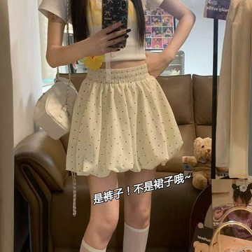 現款免運 花苞短褲 熱褲 短褲女 泡泡短褲 黑色波點短褲韓系夏季新薄款學生花苞褲女高腰顯瘦寬鬆闊腿褲G