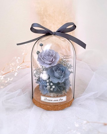 永生花玻璃盅-沈謐灰藍 l 不凋花玻璃盅 日本玫瑰 情人節禮物