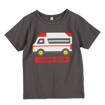 日本西松屋 - 立體發泡印花短袖上衣-救護車-炭灰