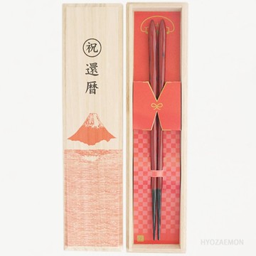 花甲慶典筷子套裝，Kezuri 筷子，飛鳥，紅色，大號，23.5 厘米，中號，21.5 厘米