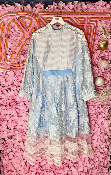 OTT獨一無二•日系粉藍色克白喱士織錦立體花連衣裙Blue Dress