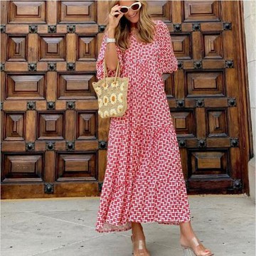 速賣通波西米亞夏季V領系帶朵印花寬松燈籠袖連衣裙長裙度假海邊