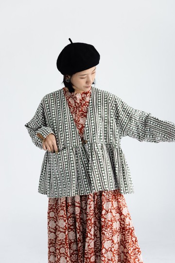 印度kantha點點布下擺設計外套_橄欖綠