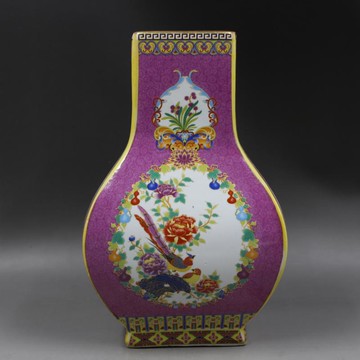 清雍正琺瑯彩趴花描金花鳥四方花瓶精品工藝復古家居擺件瓷器收藏1入