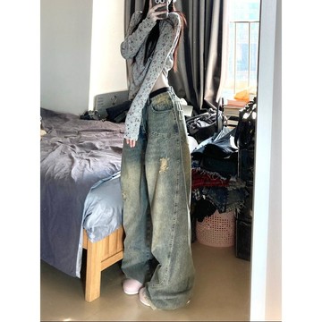 【鹿向南】牛仔褲 韓版牛仔褲 牛仔直筒褲 毛邊牛仔褲 顯瘦牛仔褲 彈力牛仔褲 女生牛仔褲 落地牛仔褲