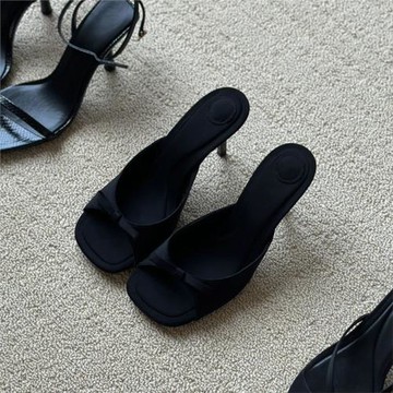 羊皮版~小眾外穿真皮蝴蝶結高跟拖鞋女法式小涼拖穆勒半拖鞋涼鞋