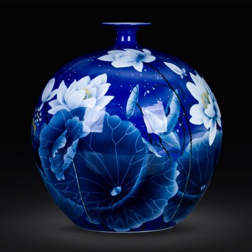 景德鎮陶瓷大石榴瓶手繪荷花落地青花瓷器大號花瓶擺件客廳飾品