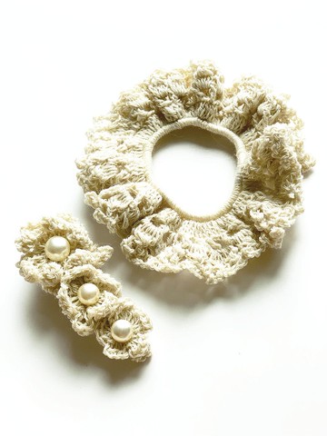 鈎編珍珠花及蕾絲髮圈套裝