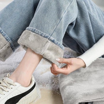 冬季刷毛牛仔褲 加絨加厚淺藍色高腰闊腿牛仔褲女 2025冬季新款學生百搭直筒保暖褲 新款韓版高腰顯瘦百搭寬松直筒闊腿褲潮