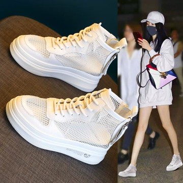 明星同款真皮小白鞋女2022夏季百搭厚底內增高網面高幫休閑板鞋潮