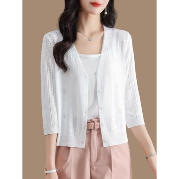 七分袖桑蠶絲針織開衫女夏季薄款短款外搭上衣配裙子冰絲小外套