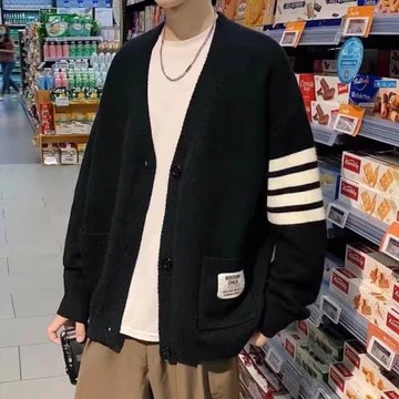 開衫v領毛衣秋冬季男針織衫慵懶風上衣條紋ins潮牌寬松學院風外套