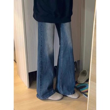 (免運)大碼高腰深藍色微喇闊腿牛仔褲女2025年新款胖mm直筒顯瘦喇叭褲子