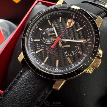 FERRARI手錶,編號FE00091,42mm黑圓形精鋼錶殼,黑色幾何立體圖形中三針顯示, 二眼, 碳纖維錶面,深黑色真皮皮革錶帶款,璀璨耀眼!