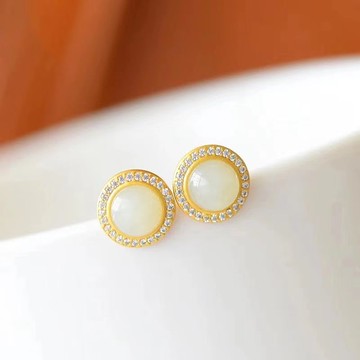 天然和田玉白玉S925純銀鑲鉆圓形耳釘耳飾時尚瑪瑙精美飾品女復古