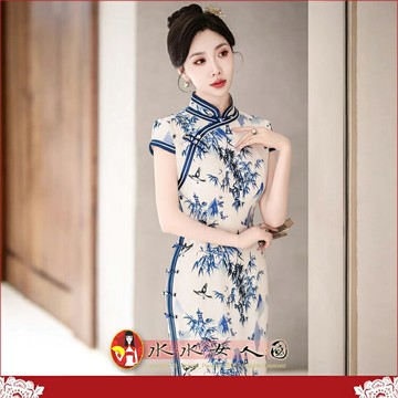 青花瓷旗袍年輕長款春夏女媽媽高端修身顯瘦改良時尚優雅氣質小包袖名媛洋裝日常宴會派對走秀女士連身裙-竹枝詞-水水女人國
