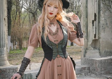 蒸汽朋克 哥特風復古 提花黑色拼接荷葉邊高腰掛脖背心