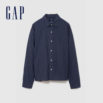 【GAP】寬鬆短款直版牛津襯衫-藍白條紋(909177)