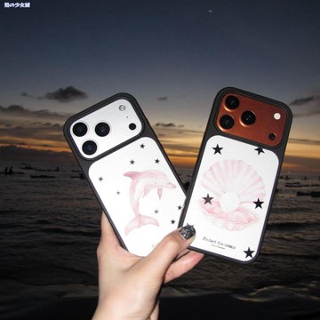 星星粉色海洋系列鏡面適用iPhone16蘋果手機殼15Promax黑框17男女