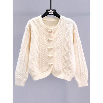 品牌折扣牛角扣麻花毛衣外套女2025年春秋新款設計感軟糯針織開衫