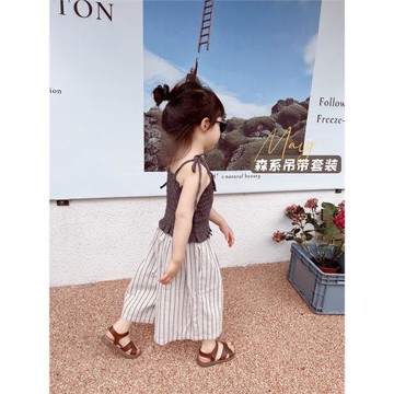 Anniegirl夏季新款日系女童復古簡約時尚吊帶純棉條紋闊腿褲套裝