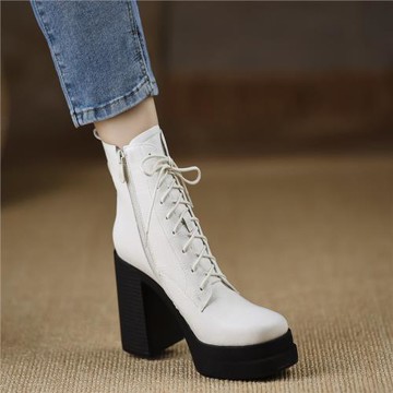 熊大叔手工女鞋~10cm~新款防水臺短靴高跟拉鏈靴子粗跟耐磨白色女