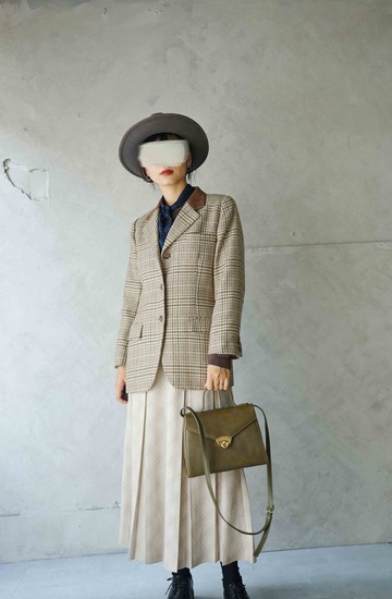 尋寶古著-The Scotch House卡布奇諾棕色千鳥格麂皮拼接毛料西裝