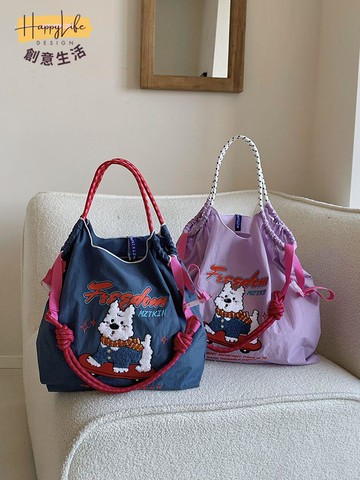 日系夏季新款滑板西高地刺繡購物袋卡通可愛帆布包尼龍單肩斜挎包 c7071