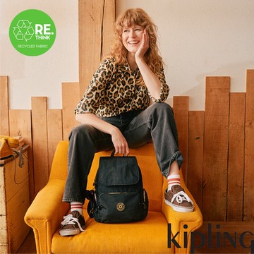 『猴子包』Kipling 黑底撞色拉鍊掀蓋拉鍊後背包-CITY ZIP S