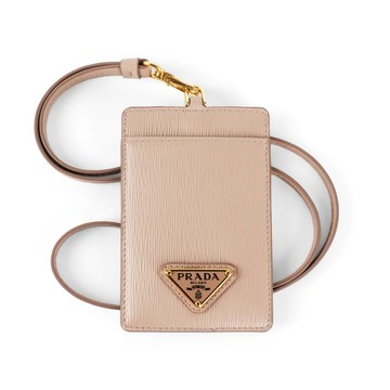 [平輸]PRADA 金色三角牌Logo 水波紋皮革掛式證件套/卡夾(藕粉色)