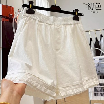 初色 純色鬆緊腰木耳邊A字寬鬆休閒褲寬褲闊腿褲短褲-共2色-12626(M-2XL可選)