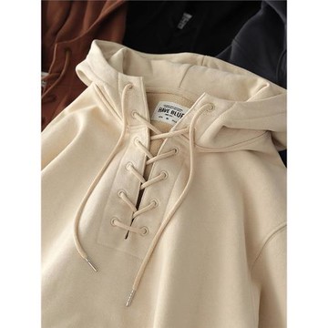 vintage系繩連帽衛衣男春秋阿美咔嘰460G重磅復古潮休閑帽衫外套