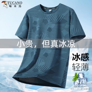 啄木鳥男士冰絲空調新款休閑短袖夏季圓領薄款透氣寬松大碼運動衣