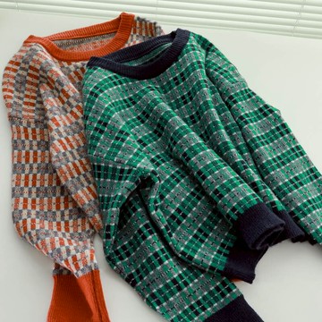 慵懶風寬松外穿毛衣女秋冬復古百搭拼色格子套頭圓領針織衫上衣