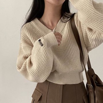 chic復古毛衣女秋冬新款氣質v領顯瘦長袖百搭針織衫短款套頭外套