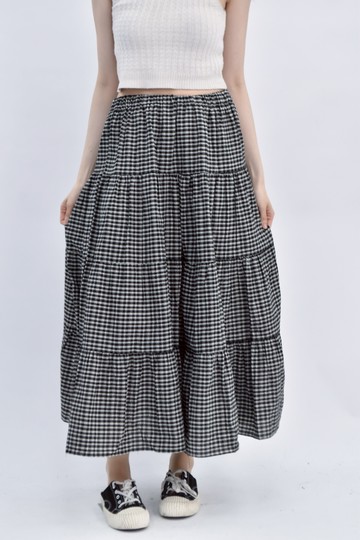(S) 質感鬆緊腰格紋黑色長裙