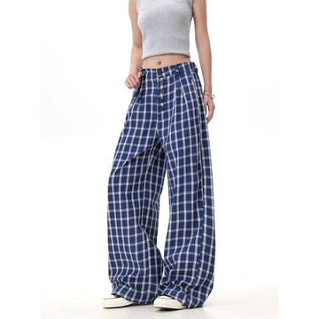 復古格子休閑褲男女寬松慵懶風闊腿直筒排扣設計拖地褲趙露思同款