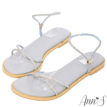 Ann’S細圓條閃耀彩鑽可調整鬆緊圓頭平底涼鞋-藍